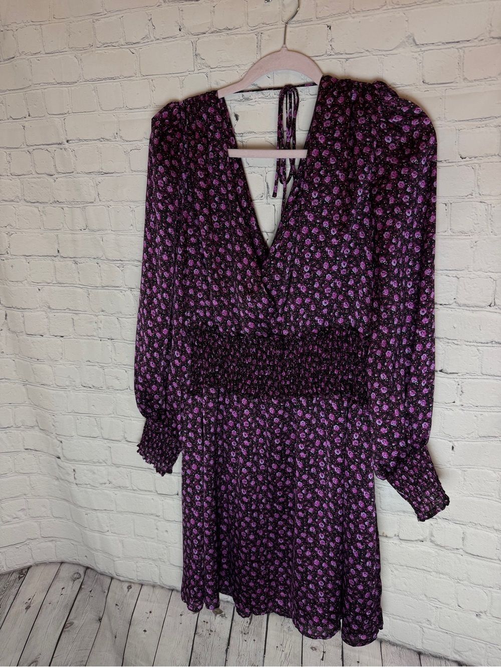 Leyden Purple Floral Long Sleeve Smocked Waist Dress XL NWT
